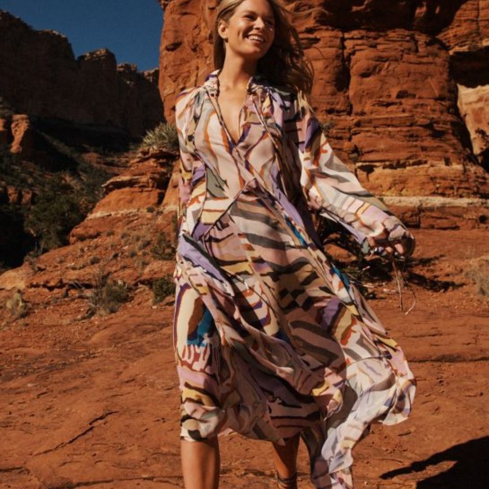 NWT H&M Studio Collection Multicolor Rainbow Silk Maxi Balloon Sleeve Dress